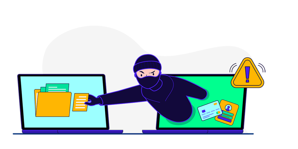 A masked man popping out of a laptop and trying to steal information from another laptop