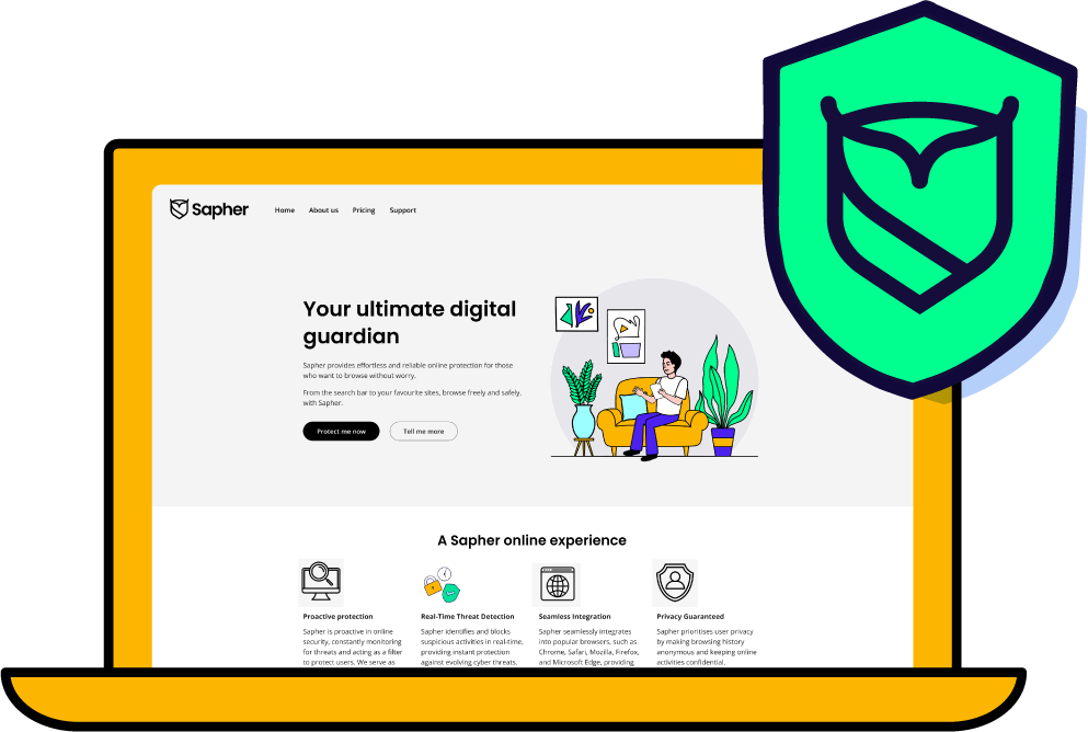 A laptop with Sapher Shield website opened