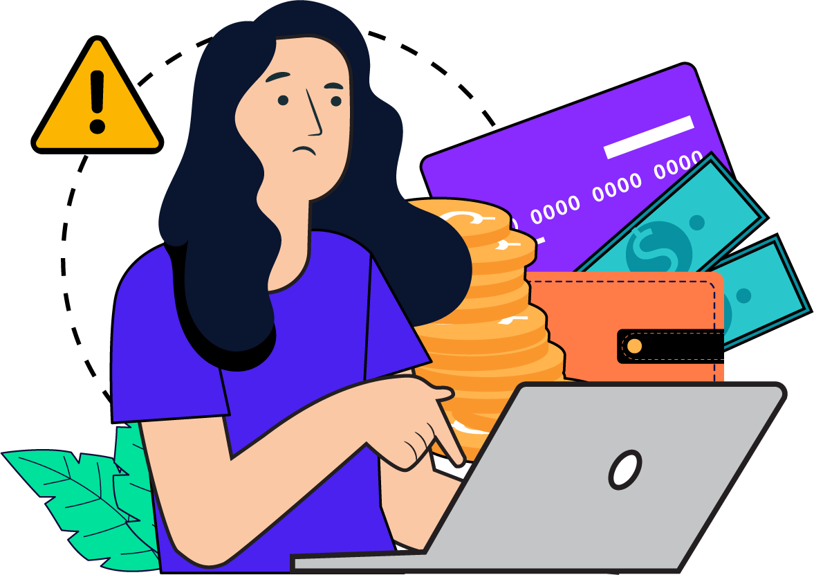 A woman on her laptop doing online shopping as showcased by the money related icons