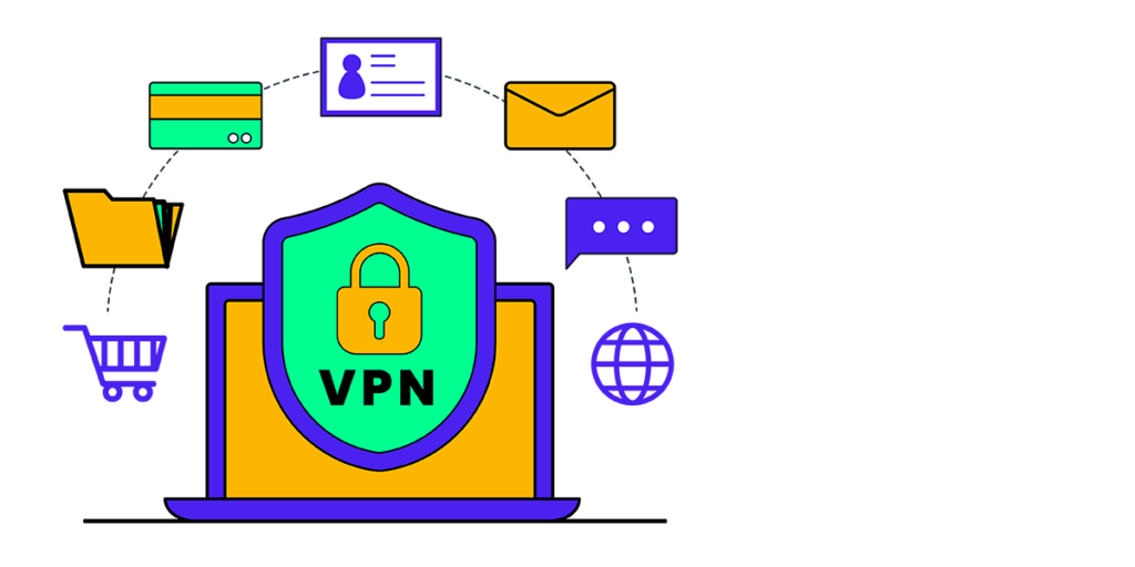 The VPN icon is prominently displayed, surrounded by a variety of icons symbolizing digital security and online privacy.