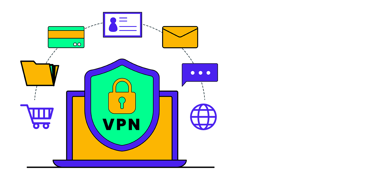 The VPN icon is prominently displayed, surrounded by a variety of icons symbolizing digital security and online privacy.