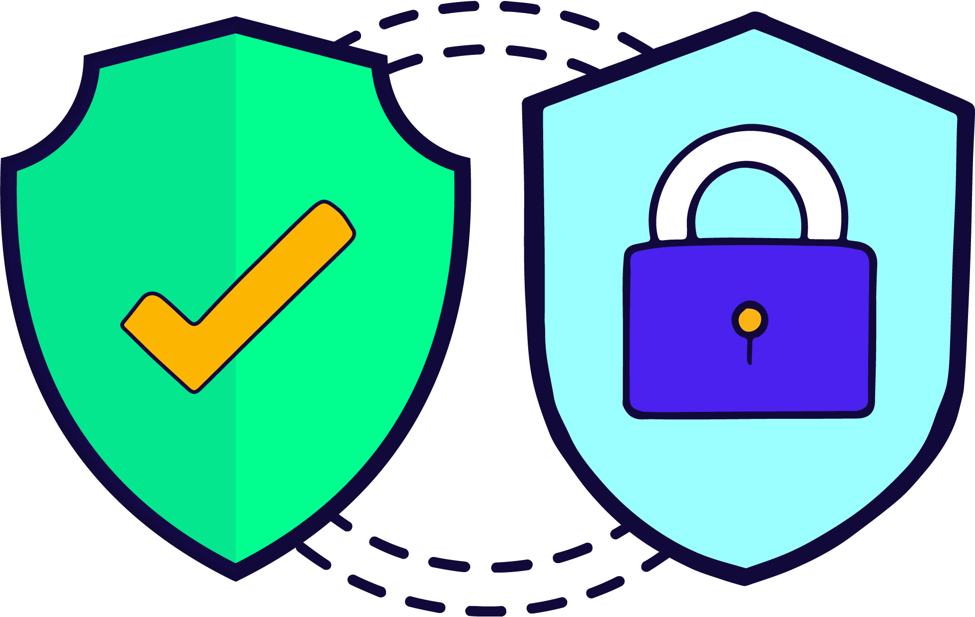 Two shields in green and blue featuring a lock and a check mark, symbolizing security and verification.