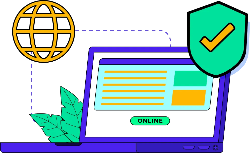 A secure laptop displaying protective measures against hackers, emphasizing website safety and internet security.