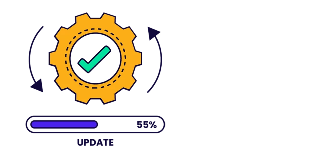 A gear wheel with a tick mark, representing the critical role of software updates in maintaining cybersecurity.