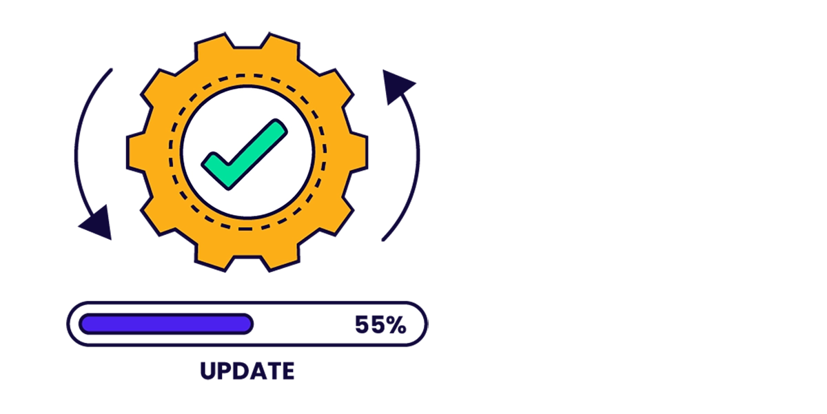 A gear wheel with a tick mark, representing the critical role of software updates in maintaining cybersecurity.