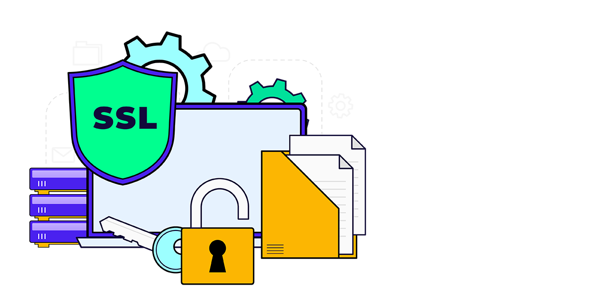 Cartoon illustration of a computer displaying the letters "SSL" prominently on its screen.