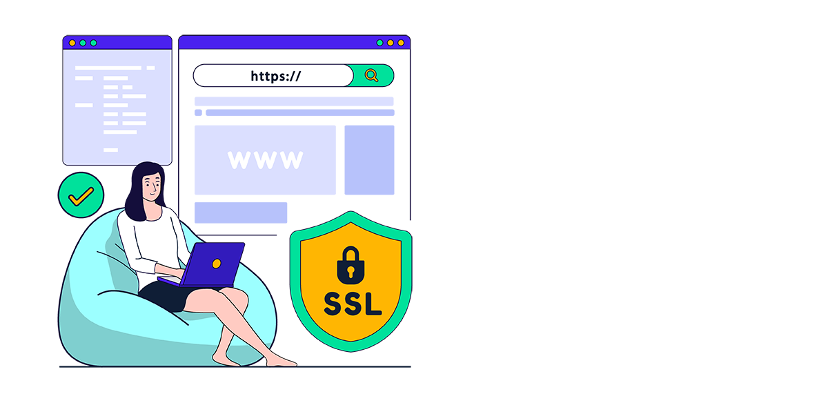 A woman safely browsing the internet with their advanced browser security provided as shown by the shield with a lock and SSL on it